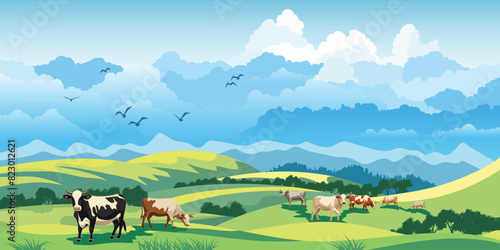 View of spring landscape, countryside, cows grazing in a green meadow, vector illustration