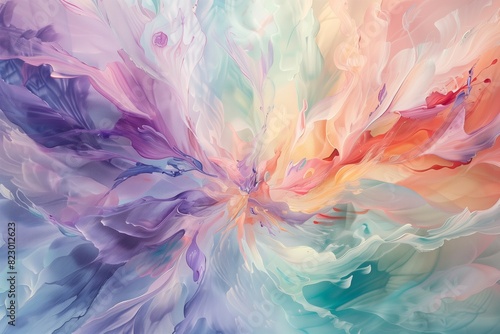 : A dreamscape of ethereal pastel colors intertwining in an otherworldly blend, resembling a celestial garden blooming on canvas with oil and acrylic smears.