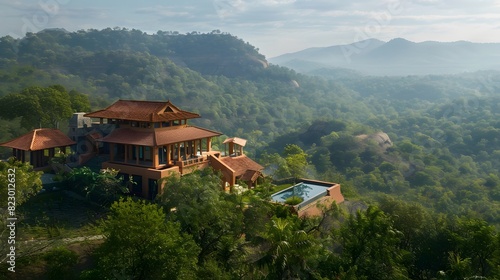 A tranquil Indian abode perched atop a hill, its terracotta roof tiles gleaming in the sunlight, while the surrounding landscape of rolling hills