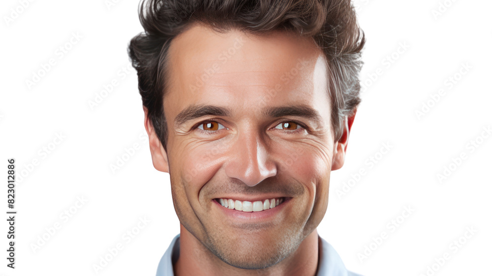 Close-up headshot of a smiling man with short hair in a casual shirt isolated on transparent and white background.PNG image. Close-up headshot of a smiling man with short hair in a casual shirt isolated on transparent and white background.PNG image.