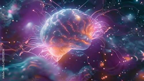 A vibrant visualization of the brains plasticity with different regions glowing and connecting with each other..