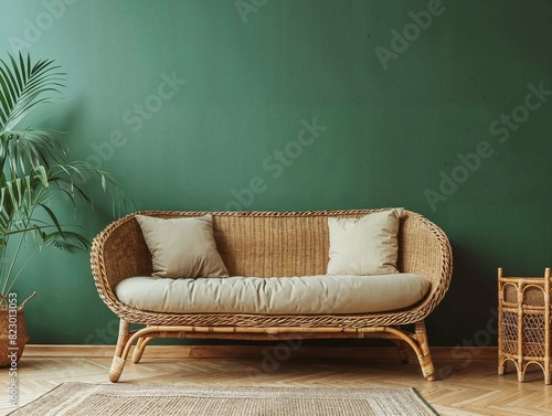 Living room with a wicker sofa against a dark green wall.