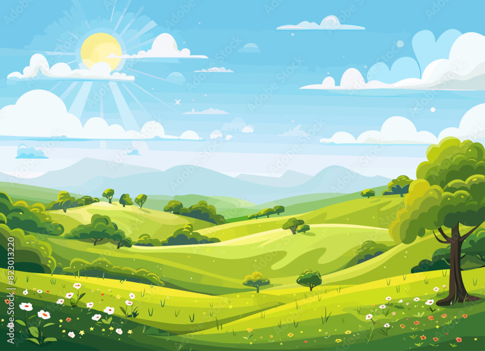 Fototapeta premium a painting of a green landscape with trees and flowers