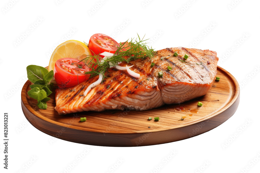 Sizzling Salmon Delight With Fresh Tomatoes and Zesty Lemons on Transparent PNG Background. Sizzling Salmon Delight With Fresh Tomatoes and Zesty Lemons on Transparent PNG Background.