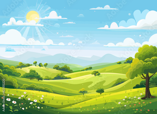 a painting of a green landscape with trees and flowers