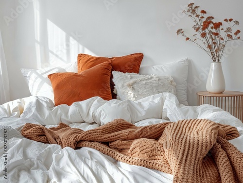 Bedroom with white and rust-coloured bedding, lit by natural light.
