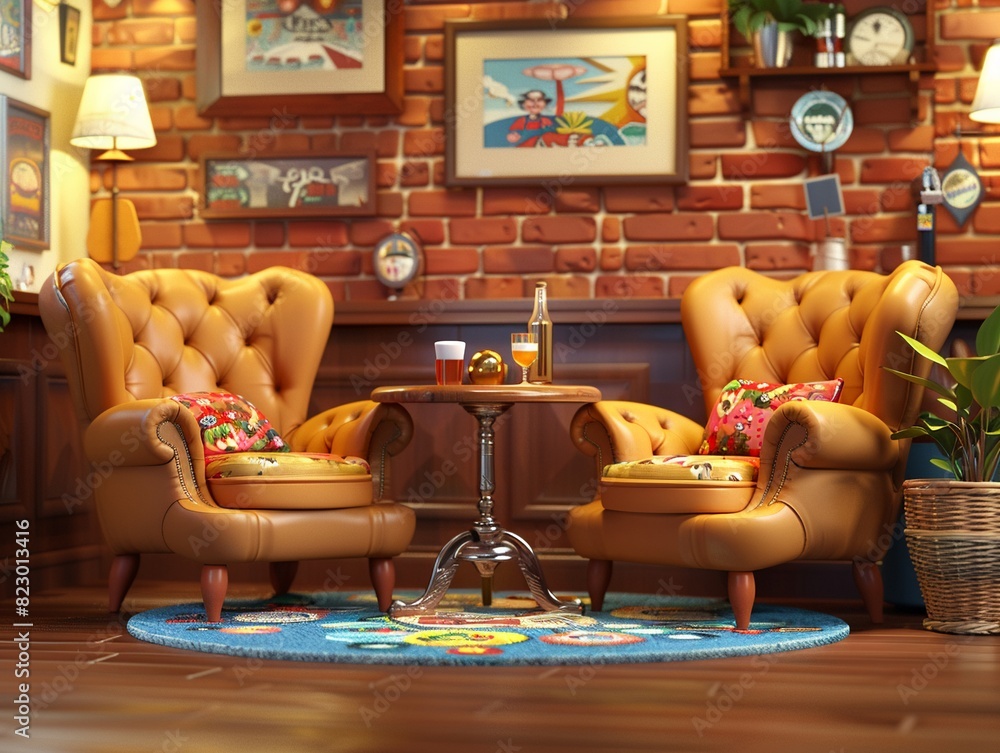 Cozy bar interior with vintage aesthetics, including leather seats, old ...