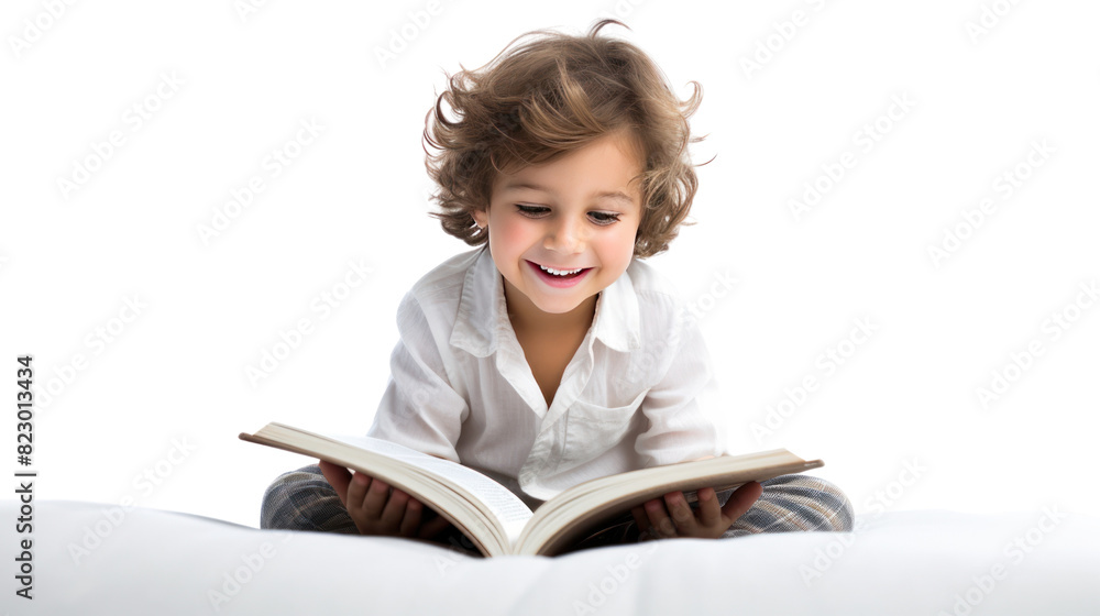 A curious little girl sits absorbed in a colorful book isolated on transparent and white background.PNG image. A curious little girl sits absorbed in a colorful book isolated on transparent and white background.PNG image.