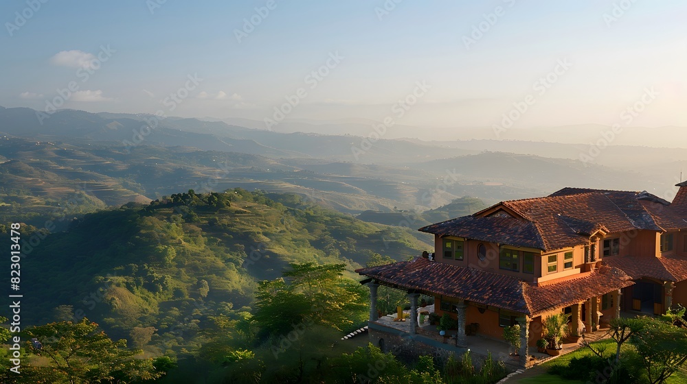 A tranquil Indian abode perched atop a hill, its terracotta roof tiles gleaming in the sunlight, while the surrounding landscape of rolling hills