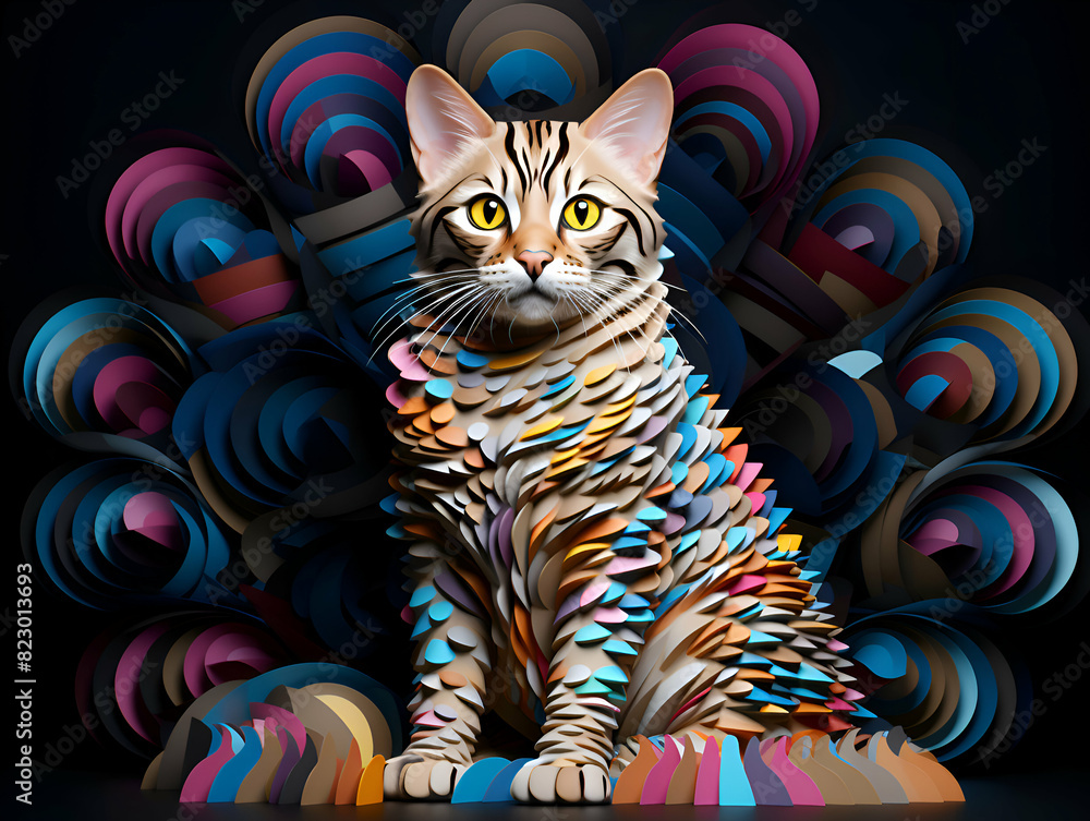 Funny cat sitting on a background of colorful stripes. 3d illustration. Funny cat sitting on a background of colorful stripes. 3d illustration.