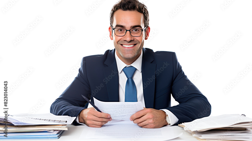 A businessman in a suit works at his office desk isolated on transparent and white background.PNG image. A businessman in a suit works at his office desk isolated on transparent and white background.PNG image.