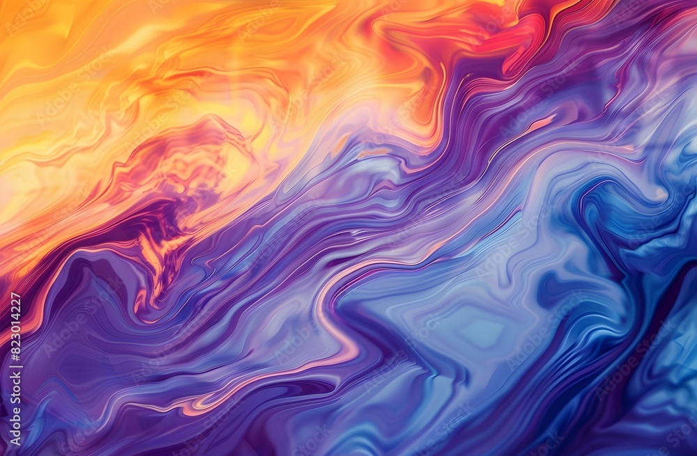 Abstract color swirls of blue background, orange, and purple over ripples and waves, in the style of light purple and light orange, serene minimalist, dusty piles, use of screen tones, light crimson