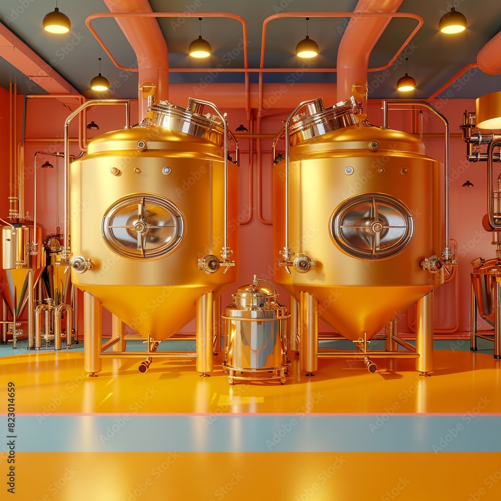 Functional microbrewery setup with stainless steel fermentation tanks, brewing kettles, and digital control panels