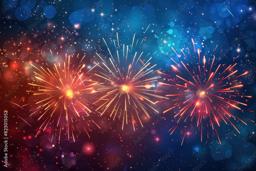 Naklejka premium Festive 4th of July background with fireworks and copy space. Patriotic symbols.