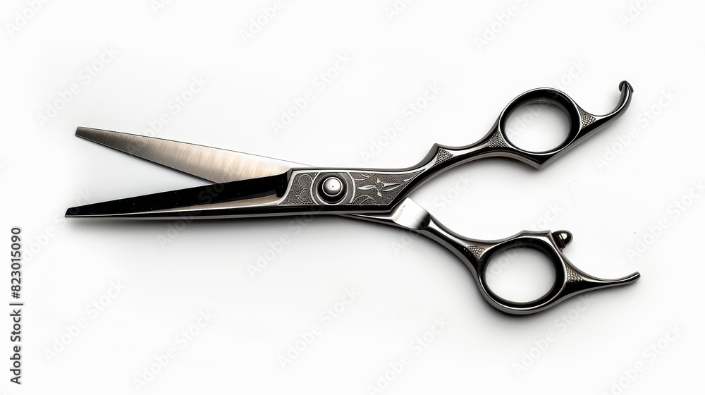 Hairdressing scissors from above, isolated white background with professional studio lighting, showcasing their precision and control for advertising purposes Hairdressing scissors from above, isolated white background with professional studio lighting, showcasing their precision and control for advertising purposes
