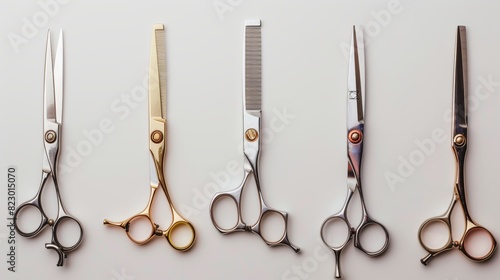 Hairdressing scissors illustrating different cutting techniques, top view on isolated white background, studio lighting for advertising, capturing the precision