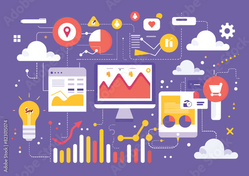 a purple background with a bunch of icons