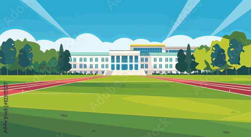 a painting of a building with a tennis court in front of it