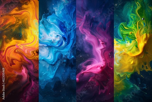 : A mesmerizing display of vibrant, swirling paint in four distinct sections, each floating in zero gravity, creating an abstract masterpiece with colors 