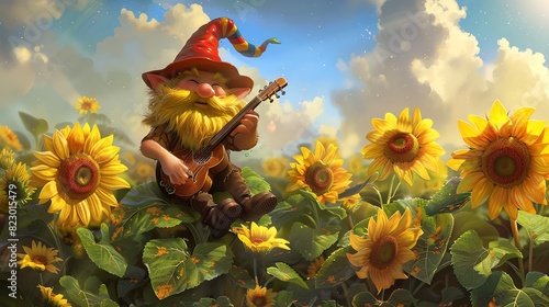 Gnome musician serenading a field of sunflowers, filling the air with melodious rainbow tunes