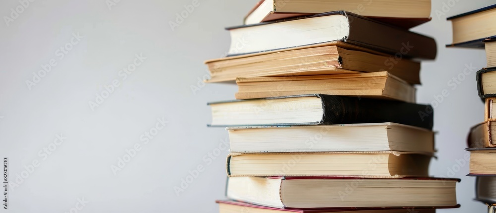 Business books stack on grey background, showcasing titles with a side view focus Business books stack on grey background, showcasing titles with a side view focus