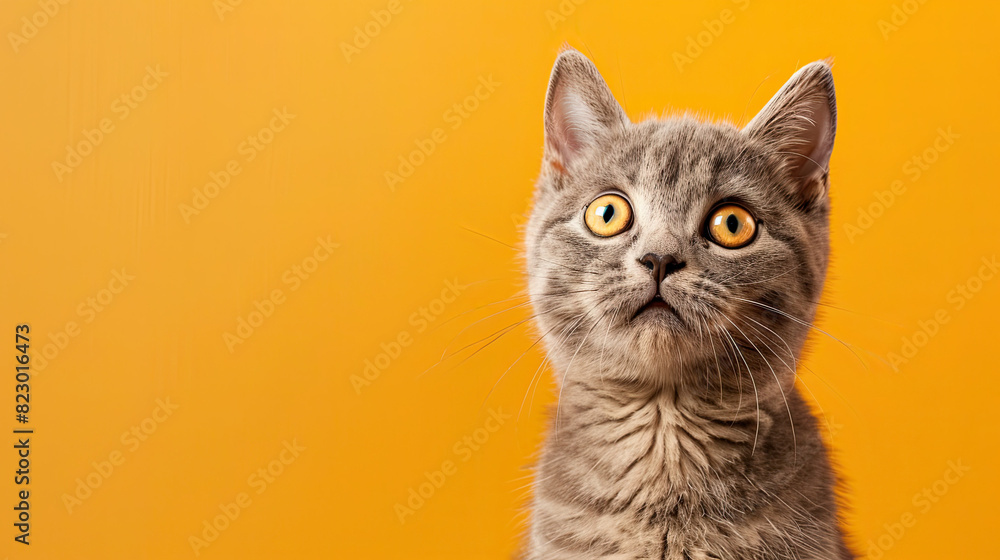 British shorthair cat portrait looking shocked or surprised on orange background British shorthair cat portrait looking shocked or surprised on orange background