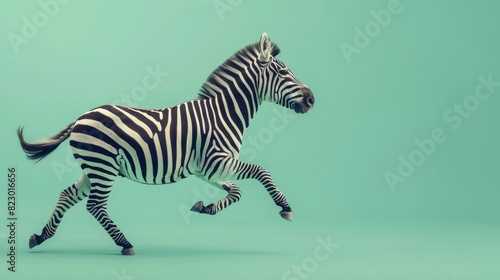 A zebra is running in mid-stride on a green background. The zebra is black and white stripes.