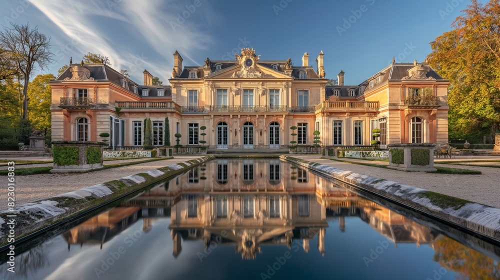 A lavish estate with French baroque architecture, ornamental gardens, and a reflective pool in the foreground, captured during a tranquil afternoon. 32k, full ultra hd, high resolution