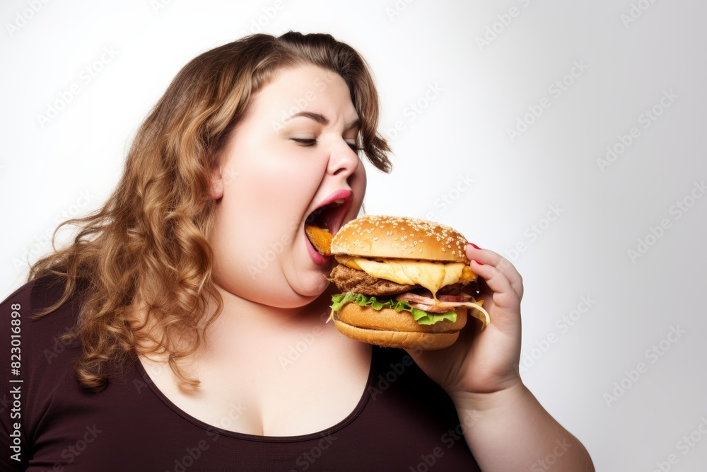woman with blonde hair eagerly taking a big bite of a large burger, against a white background