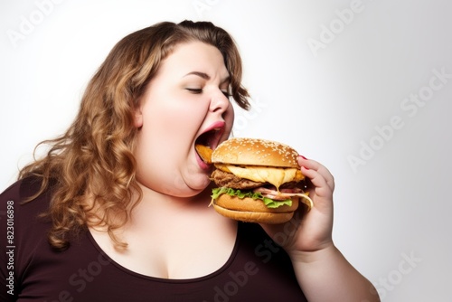 woman with blonde hair eagerly taking a big bite of a large burger  against a white background