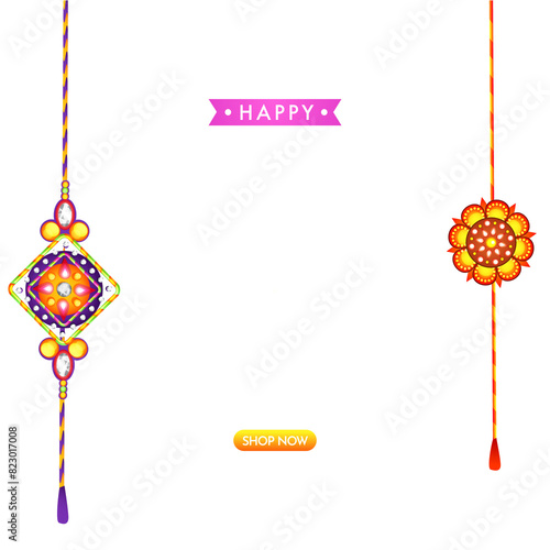 Happy Raksha Bandhan Sale Poster Design with Hanging Rakhis on Brush Stroke Effect Background. photo