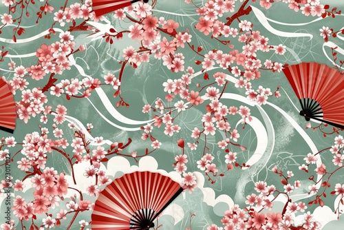 Seamless Design with Chinese Fans  Cherry Blossoms  and Vines 