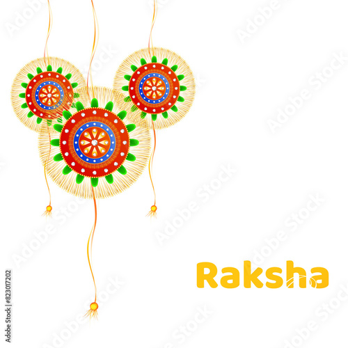 Raksha Bandhan celebration poster design with rakhi (wristband) on shiny orange background.