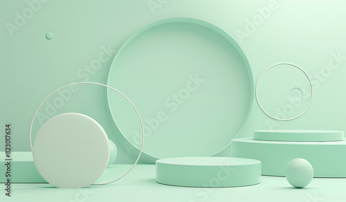 3D rendering of abstract geometric shapes background with empty podium and sphere ball for product presentation in a light green pastel color. Created with AI