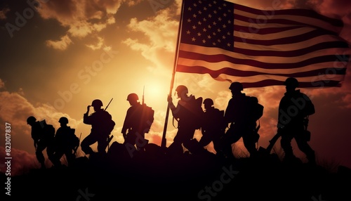 silhouettes of american soldiers raising the USA flag with sunset background