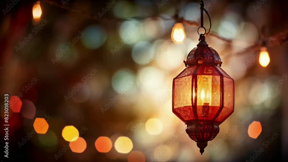 Lantern gently swaying, warm light flickering, soft blurred bokeh background. serene mosque interior with ornate arched windows casting beautiful shadows show peaceful commencement of Islamic New Year Lantern gently swaying, warm light flickering, soft blurred bokeh background. serene mosque interior with ornate arched windows casting beautiful shadows show peaceful commencement of Islamic New Year