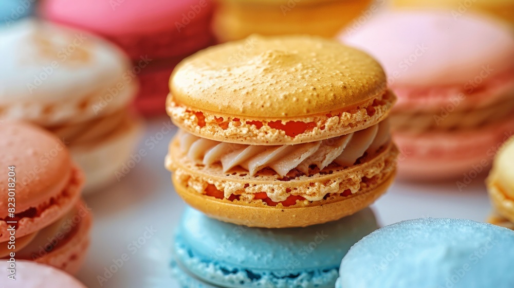 A close-up photo of a colorful macaron, showcasing the delicate pastry and its sweet and tempting filling.