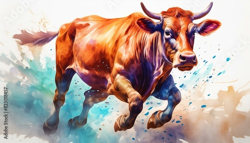 Image of painting brown cow running on white background. Farm animals. Illustration.