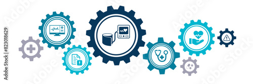 Hypertension vector illustration. Blue concept with no people and icons related to high blood pressure, cardiovascular disease, hyper tension checkup, diagnosis & measuring, healthcare.