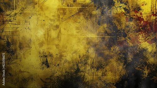   A tapestry of yellow and black grunge textures interwoven with hints of dark red  evoking the image of an ancient manuscript telling the story of creation and destruction.