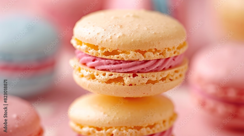 A close-up photo of a colorful macaron, showcasing the delicate pastry and its sweet and tempting filling. A close-up photo of a colorful macaron, showcasing the delicate pastry and its sweet and tempting filling.