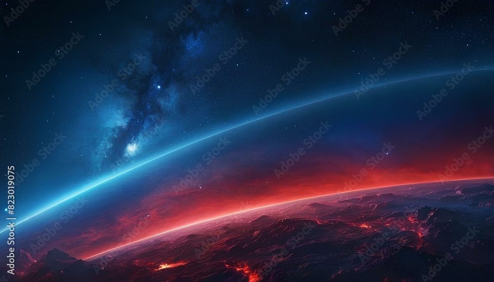 Obraz premium Abstract beautiful space background illustration combination of red and blue colors in a unique design. 3d Wallpaper of fantasy shiny stars, nebulas clouds and planets in galaxies astronomy