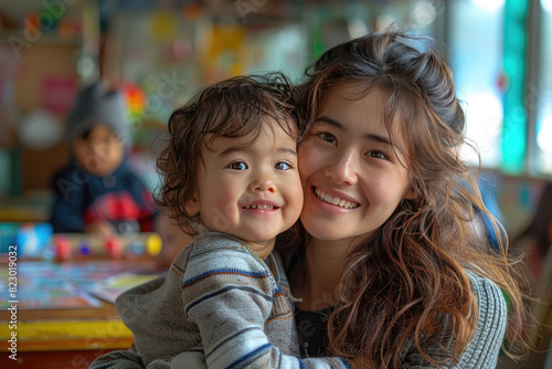 Candid photo of a happy young mother and child playing together at a table in a colorful kindergarten classroom. Created with Ai