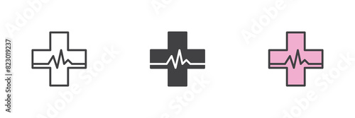 Medical cross whit heart beat different style icon set