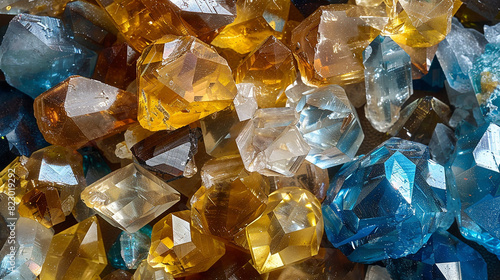 A pile of gleaming topaz crystals, their brilliant hues ranging from sunny yellows to deep blues.