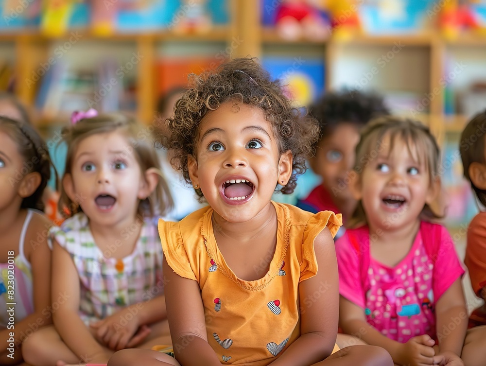 Children playing and learning, Happy children sitting in a classroom, laughing and smiling, enjoying an activity together. Bright and joyful childhood moments in preschool. Children playing and learning, Happy children sitting in a classroom, laughing and smiling, enjoying an activity together. Bright and joyful childhood moments in preschool.