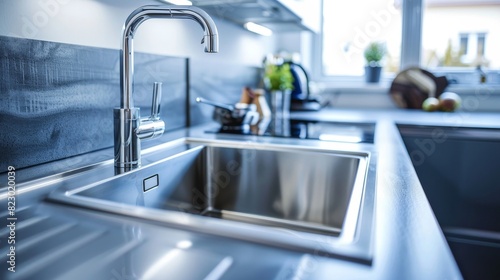 Modern kitchen with a beautifully designed ceramic sink, close-up view, studio lighting showcasing its elegant finish and easy-to-clean surface for advertising