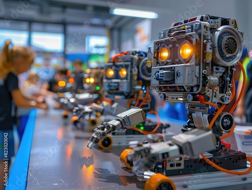 Children playing and learning, Close-up of small robots with glowing eyes on a table in a tech lab, with people in the background, showcasing futuristic technology. © LittleDreamStocks