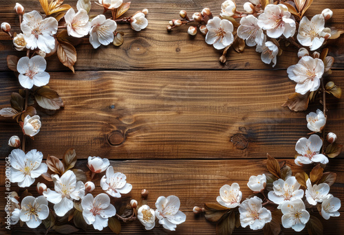 A wooden background with white flowers in the corners. Created with Ai