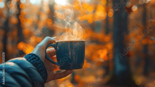 A cozy image featuring a hand holding a steaming cup of coffee, set against the vibrant backdrop of an autumn forest. The photo invokes warm feelings associated with sipping hot drinks on cool fall d photo